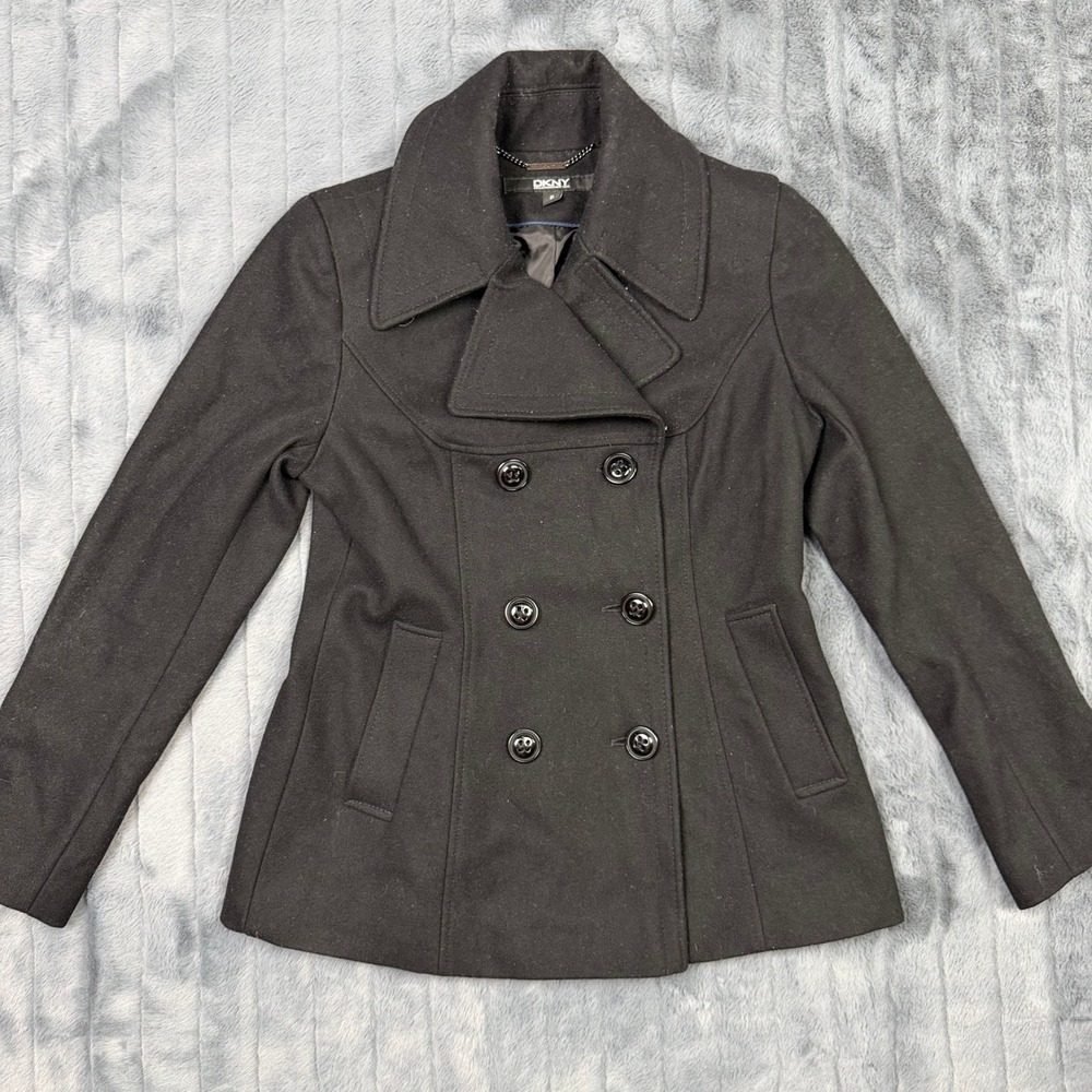 DKNY Womens Black Wool Blend Double Breasted Peacoat Jacket Size 6
